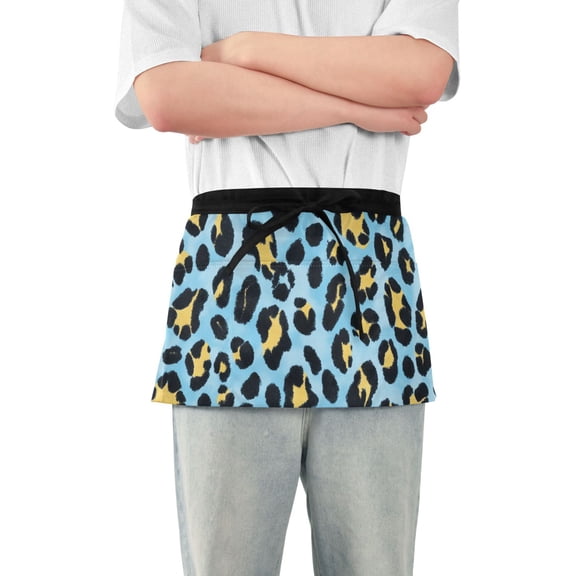 Yellow Black Leopard Skin Print Short Server Apron with 3 Pockets for Unisex Chef Gardening