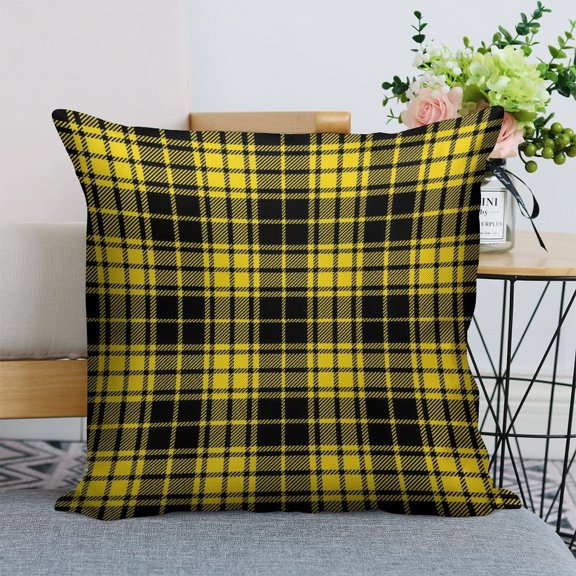 Yellow And Black Lumberjack Tartan Plaid Linen Throw Pillow Covers 18"x18" Decorative Cushion Cases with Hidden Zipper for Sofa, Couch, Bed, Living Room–No Insert Made in USA