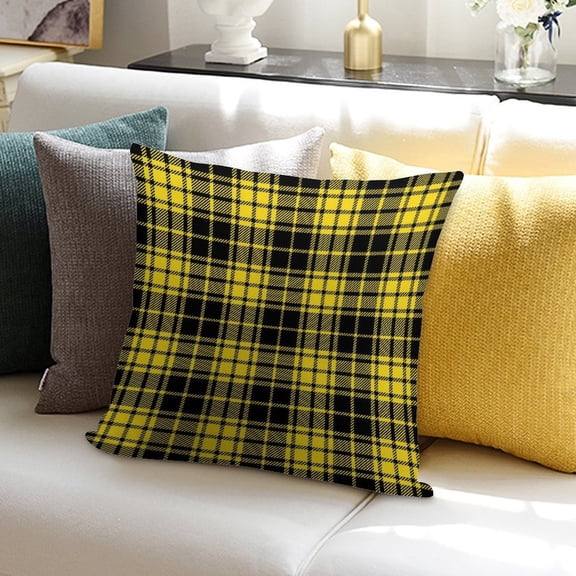 Yellow And Black Lumberjack Tartan Plaid Soft Plush Throw Pillow Covers 18"x18" Decorative Cushion Cases with Hidden Zipper for Sofa Couch Bed Living Room, Pillow Cover Only Made in USA