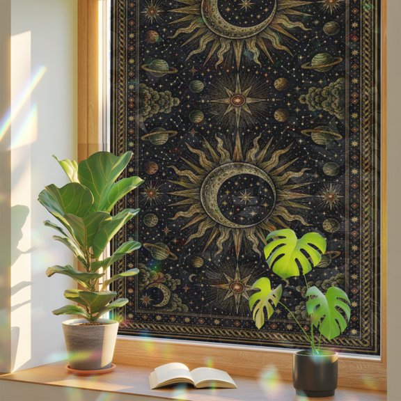 Yellow Black Mystical Window Privacy Film Rainbow Static Cling Stain Glass Window Film for Glass Door, Decorative UV Blocking Sunroof Decal Sticker for Car Home 19.6"x39.3" Moon Sun Planet Sunburst