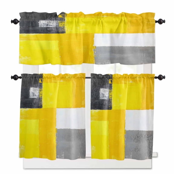 Yellow Black Oil Painting Kitchen Curtains Valances and Tiers Set of 3, 36 Inch Length Tier Curtains and Valance Rod Pocket Valance Curtains Set for Kitchen Bathroom Small Windows