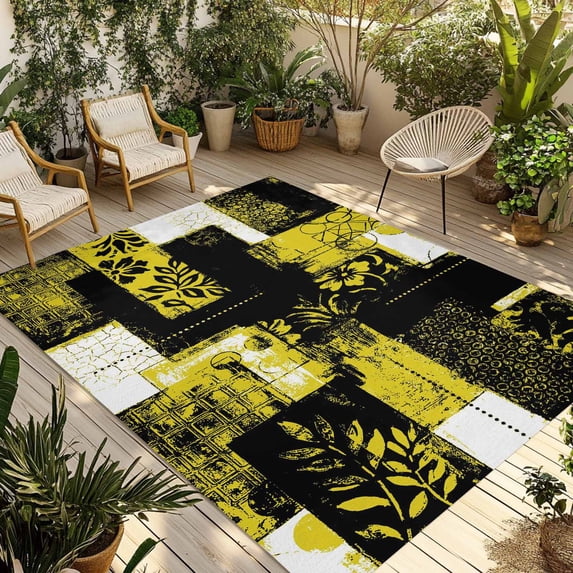 Yellow Black Outdoor Rug for Patio/Deck/Porch, Non-Slip Large Area Rug 4 x 6 Ft, Modern Abstract Art Botanical Indoor Outdoor Rugs Washable Area Rugs, Reversible Camping Rug Carpet Runner