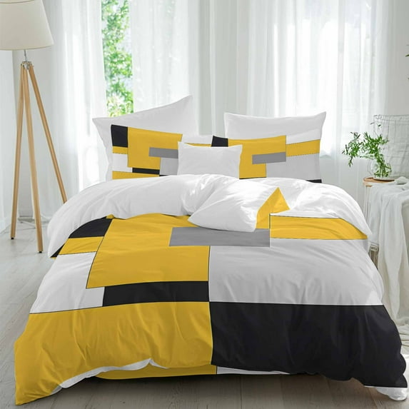 Yellow Black Patchwork 4 Piece Duvet Cover Set California King Size Abstract Geometric Art Soft Bedding Set Comforter Cover, 1 Duvet Cover 1 Flat Sheets and 2 Pillowcases