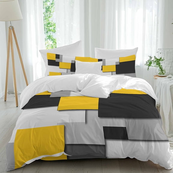 Yellow Black Patchwork 4 Piece Duvet Cover Set Queen Size Abstract Retro Art Soft Bedding Set Comforter Cover, 1 Duvet Cover 1 Flat Sheets and 2 Pillowcases
