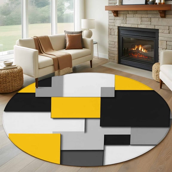 Yellow Black Patchwork 8FT Round Area Rugs for Living Room Abstract Retro Art Ultra-Thin Non-Slip Round Rugs Machine Washable Low Pile Circle Carpet for Bedroom Kitchen Nursery