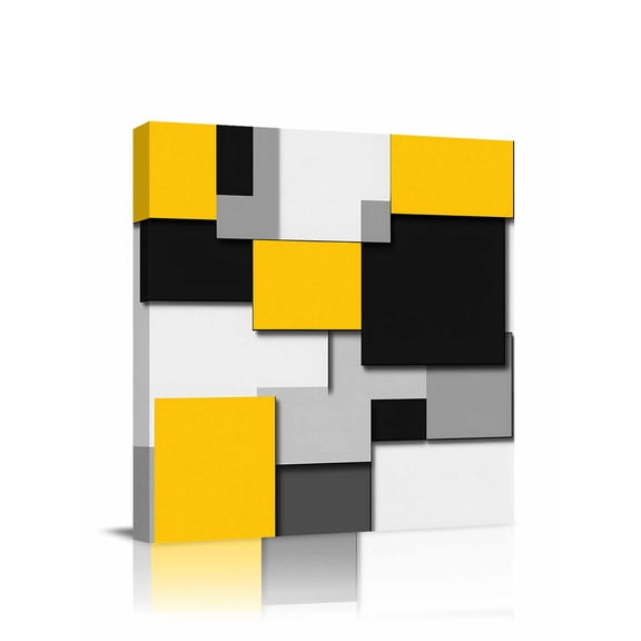 Yellow Black Patchwork Canvas Wall Art, Abstract Retro Art Framed Wall Decor Modern Artwork Prints Painting for Living Room, Bedroom, Kitchen & Cafe Decor 8x8 Inch