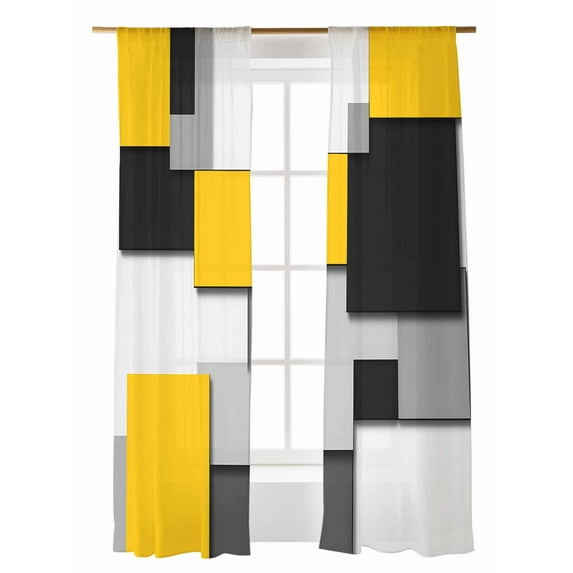 Yellow Black Patchwork Sheer Curtains 2 Panels Set Abstract Retro Art Lihgt Filtering Rod Pocket Voile Drape, Semi Sheer Window Curtains for Bedroom Living Room, 52"x84"