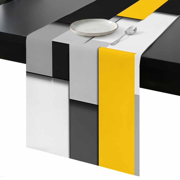 Yellow Black Patchwork Table Runner 13x36 Inch Abstract Retro Art Table Runner Non-Slip Dresser Scarves for Holiday Decorations, Party, Dinner and Gatherings, 1 Pack