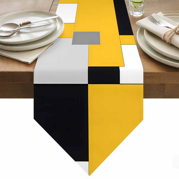 Yellow Black Patchwork Table Runner 36 Inches Long Abstract Geometric Art Table Runners for Dining Room Tabletop Dresser Scarf Home Party Banquet Wedding Holiday Decoration