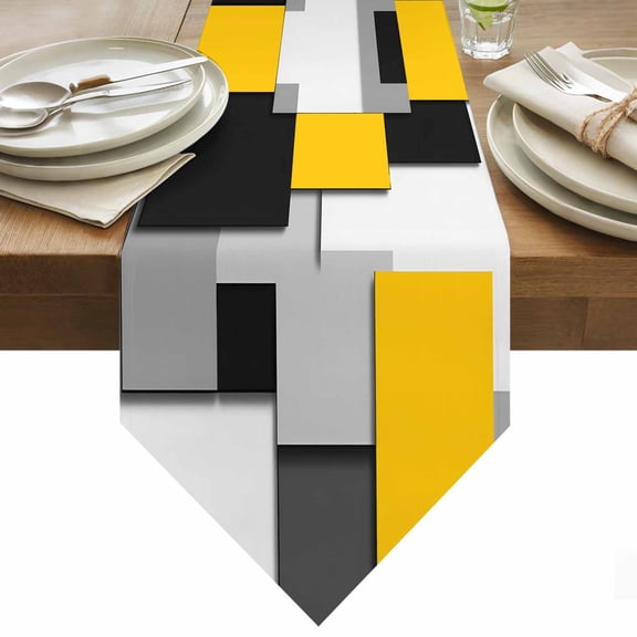 Yellow Black Patchwork Table Runner 36 Inches Long Abstract Retro Art Table Runners for Dining Room Tabletop Dresser Scarf Home Party Banquet Wedding Holiday Decoration
