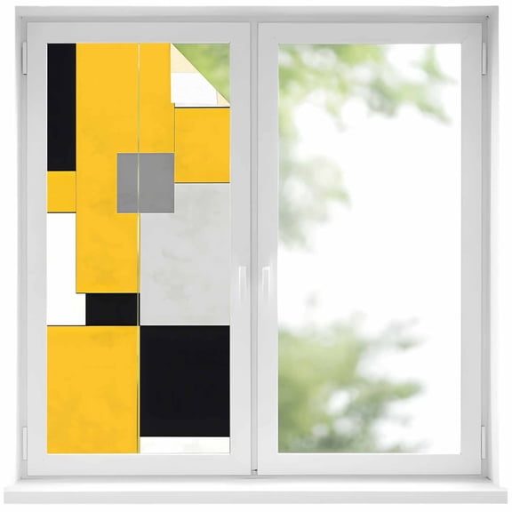 Yellow Black Patchwork Window Privacy Film Abstract Geometric Art Decorative Glass Window Film UV Blocking Static Cling Non-Adhesive Sticker Covering for Home Door 19.6 x 39.3 inches