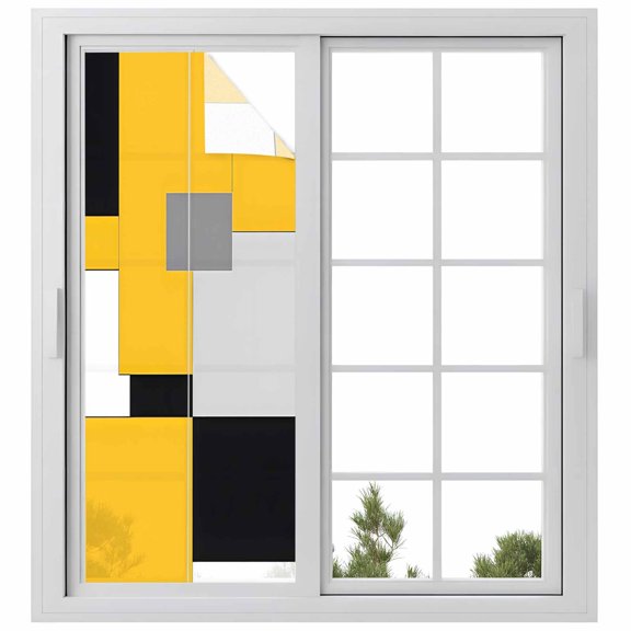 Yellow Black Patchwork Window Privacy Film Abstract Geometric Art Decorative Glass Window Film UV Blocking Static Cling Non-Adhesive Sticker Covering for Home Door 29.5 x 78.7 inches