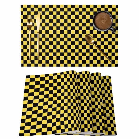 Yellow Black Plaid Placemats Set of 6 Farmhouse Rustic Abstract Checkered Place Mats Indoor Wipeable Table Mats Washable Cloth Dining Table Placemats for Kitchen Holiday Party Home Decor 13x19 Inch