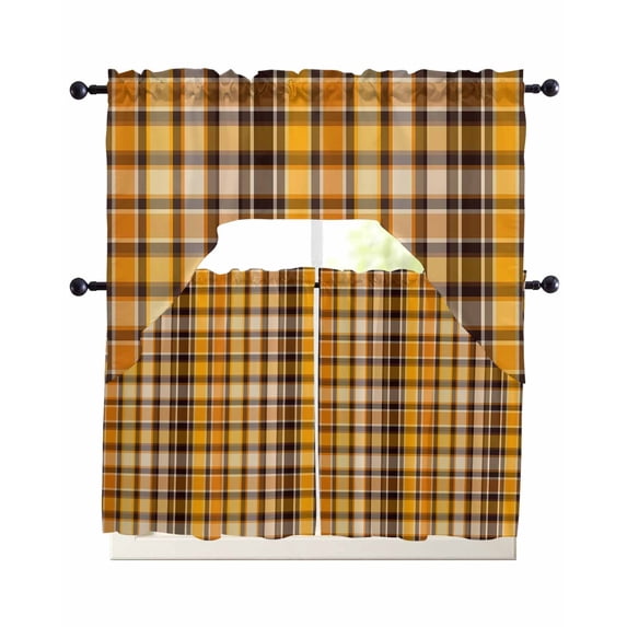 Yellow Black Plaid Swag Kitchen Curtains Sets for Windows 24 Inch Length, Fall Country Farmhouse Buffalo Check Short Window Curtain Panels Swags Valances and Tiers 3 Piece Set for Cafe/Dining Room