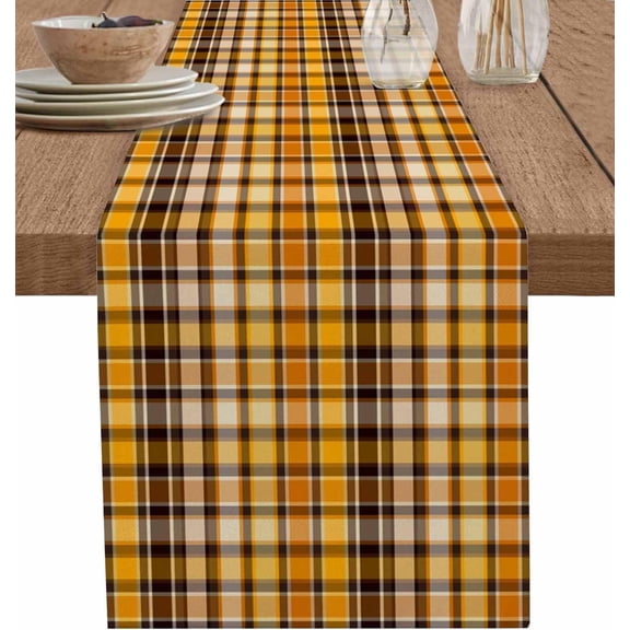 Yellow Black Plaid Table Runner, Washable Cotton Linen Table Runners 48 Inches Long, Fall Country Farmhouse Buffalo Check Dresser Scarf Runner for Nightstand/Coffee/End Tables 13x48 Inches