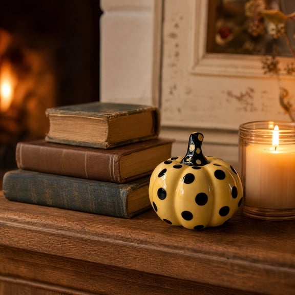 Yellow Black Polka Dot Ceramic Pumpkin Decor, Glossy Hand-Painted Fall Tabletop Ornament, Modern Harvest Accent for Tiered Tray, Mantel, Front Porch Halloween Display, Yellow-S