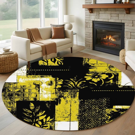 Yellow Black Round Area Rug 6Ft Washable Circle Rugs for Bathroom Office, Modern Abstract Art Botanical Non-Slip Carpet Floor Mats Indoor Outdoor Carpet Runner Aesthetic Home Decor