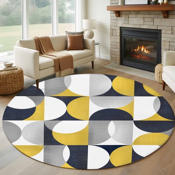 Yellow Black Round Rugs for Living Room 6ft Nordic Retro Medieval Geometric Abstract Non Slip Circle Rug Washable Low-Profile Indoor Carpet for Bedroom, Dining Room, Bathroom