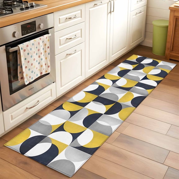 Yellow Black Runner Rug for Hallway 2x6ft, Nordic Retro Medieval Geometric Abstract Non Slip Floor Mat Washable Low-Profile Indoor Carpet for Living Room, Bedroom, Dining Room
