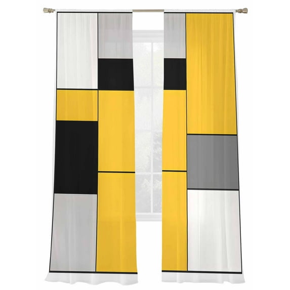Yellow Black Sheer Curtains for Living Room Bedroom, Light-filtering Sheer Curtain, Gray Geometric Abstract Color Block Plaid Rod Pocket Voile Window Treatment Drapes, 52’’Wx84’’L, 2 Panels Set