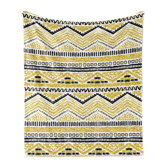 Yellow and Black Soft Flannel Fleece Throw Blanket, Prehistoric Design with Zig Zag Lines Stripes Chevron, Cozy Plush for Indoor and Outdoor Use, 70" x 90", Yellow Black and White, by Ambesonne