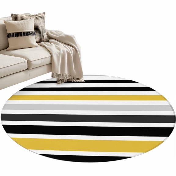Yellow Black Stripe 3ft Area Rug, Modern Abstract Art Coarse Striped Washable Non-Slip Small Round Rugs for Entryway Bedroom Kitchen, Soft Circle Carpet for Dining Room, Playroom Nursery Rug