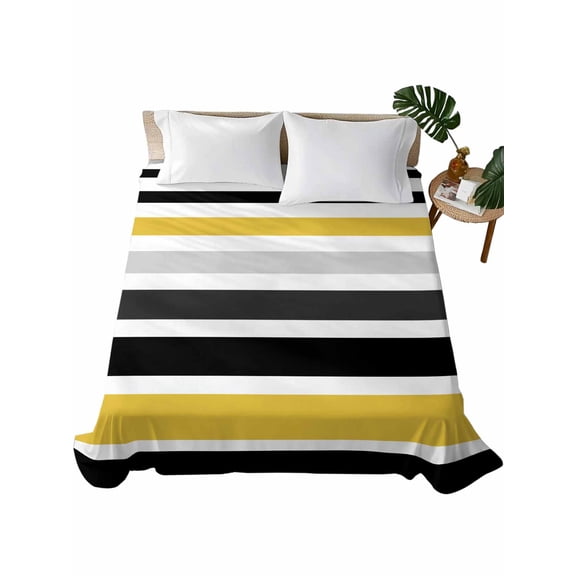 Yellow Black Stripe Flat Sheets Only Queen Size, Soft Breathable Bed Top Sheets for Mattress, Modern Abstract Art Coarse Striped Luxury Bedding Flat Sheets for Home Hotel Bedroom Bed Protection