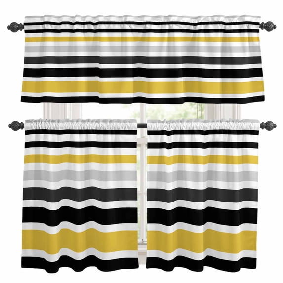 Yellow Black Stripe Kitchen Curtains Sets for Windows 24 Inch Length, Modern Abstract Art Coarse Striped Rod Pocket Window Treatments Tier Curtains and Valances Set for Bedroom/Bathroom