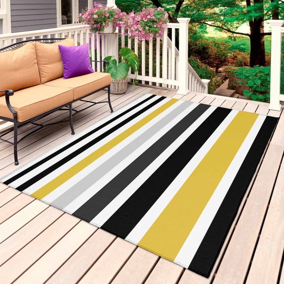 Yellow Black Stripe Outdoor Rug 5x8 Ft, Non Slip Washable Area Rug, Modern Abstract Art Coarse Striped Patio Rugs Carpet Runner, Large Floor Mat for Indoor/Outdoor Deck Porch Camping
