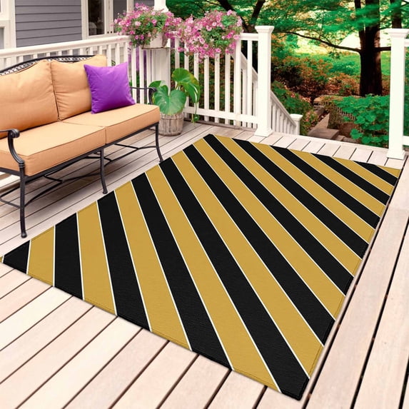 Yellow Black Striped Outdoor Rug for Patio/Deck/Porch, Non-Slip Large Area Rug 3 x 5 Ft, Farmhouse Stripe Modern Art Indoor Outdoor Rugs Washable Area Rugs, Reversible Camping Rug Carpet Runner
