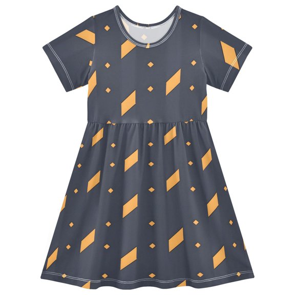 Yellow Black Stripes Pattern Girls Short Sleeve Dress A Line Sun Protection Breathable Comfort Sundress 3T