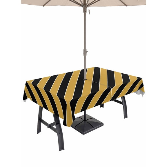 Yellow Black Stripes Rectangle Outdoor Tablecloth with Umbrella Hole Lines Striped Abstract Art Simple 60x102 Inch Waterproof Table Cover Zippered Table Cloth for Garden Patio