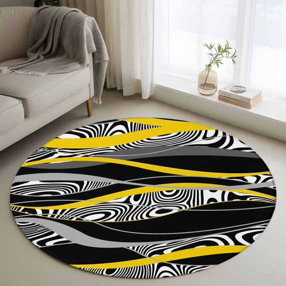 Yellow Black Stripes Round Rug 3.3ft Washable Circle Entryway Rugs Non Slip Modern Grey Ombre Abstract Striped Area Rug Indoor Floor Carpet for Bedroom Kitchen Living Room Home Office Dining Room