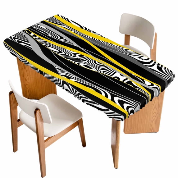 Yellow Black Stripes Table Cloths for 4 Foot Rectangle Tables, Modern Grey Ombre Abstract Striped Patio Waterproof Elastic Fitted Tablecloths, Washable Rectangular Table Cover for Camping