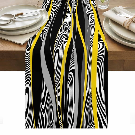 Yellow Black Stripes Table Runner - 72 Inch Long, Kitchen Dining Table Runner Dresser Scarves, Modern Grey Ombre Abstract Striped Farmhouse Decor for Coffee Tables Wedding Party Banquet