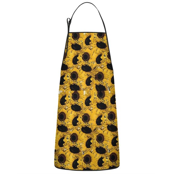 Yellow Black Sunflower Pattern Apron-Garden Aprons for Women with Pockets-Cotton Linen Waterproof Kitchen Cooking Gardening Aprons Adjustable for Kitchen,Cooking,BBQ and Salon 33x27 Inch