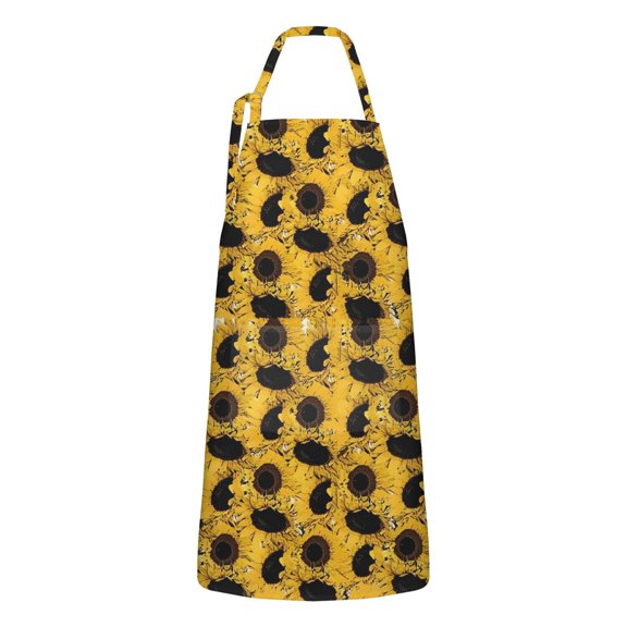 Yellow Black Sunflower Pattern Apron-Garden Aprons for Women with Pockets-Cotton Linen Waterproof Kitchen Cooking Gardening Aprons Adjustable for Kitchen,Cooking,BBQ and Salon 33x27 Inch