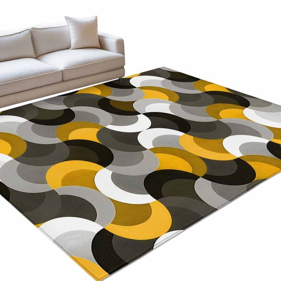 Yellow Black Wavy 6x9ft Non Slip Area Rug Medieval Abstract White Grey Yellow Black Texture Washable Soft Area Rugs for Living Room, Indoor Circle Carpet for Bedroom Dining Room Kitchen