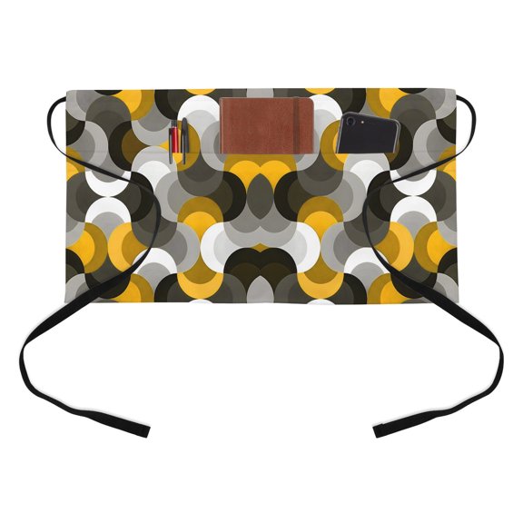Yellow Black Wavy Kitchen Restaurant Half Waist Apron, Medieval Abstract White Grey Yellow Black Texture Server Short Apron with 3 Pockets Waterproof Oil Waist Aprons for Women Waitress Waiter