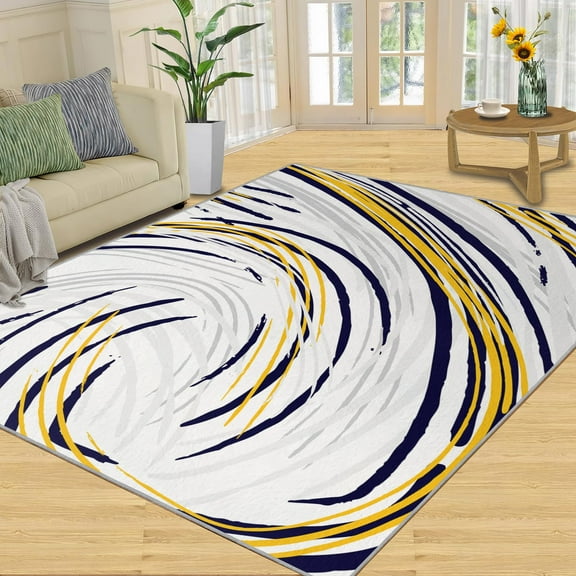 Yellow Black White Area Rug, Swirl Stripes Rugs For Living Room, Machine Washable Rug With Non-Slip Backing Indoor Carpet For Bedroom Study Office Apartment