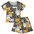 thumbnail image 1 of Yellow Black White Cat Summer Pajama Set Soft Cotton Short Sleeve Sleepwear 2PCS Pajama Sets Breathable Lounge Set Size 6Y, 1 of 7