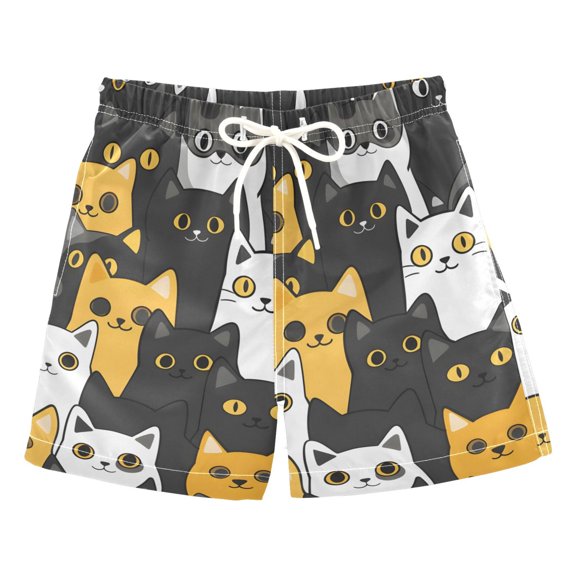 Yellow Black White Cat Swim Trunks Quick Dry Beach Pool Board Shorts Lightweight Stylish Print Sizes 2T to XL