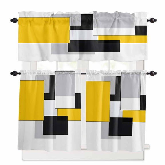 Yellow Black White Geometric Kitchen Curtains Valances and Tiers Set of 3, 36 Inch Length Tier Curtains and Valance Rod Pocket Valance Curtains Set for Kitchen Bathroom Small Windows