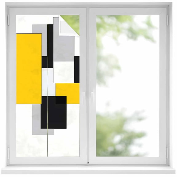 Yellow Black White Geometric Window Privacy Film Modern Abstract Art Color Block Decorative Glass Window Film UV Blocking Static Cling Non-Adhesive Sticker Covering for Home Door 17.7 x 39.3 inches
