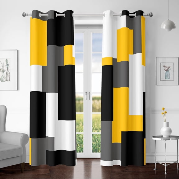 Yellow Blackout Curtains for Bedroom Set White Grey Modern Abstract Geometric Black Out Curtains Insulated Room Darkening Window Drapes for Living Room 53"W x 84"L (Pack of 2)