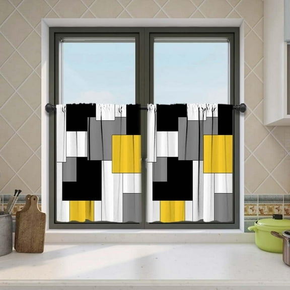 Yellow Blackout Kitchen Curtains Tiers Set 2 Piece for Windows Grey and Black Kitchen Window Curtains Set,White Modern Abstract Art Valances for Living Room(24" Tiers Set)