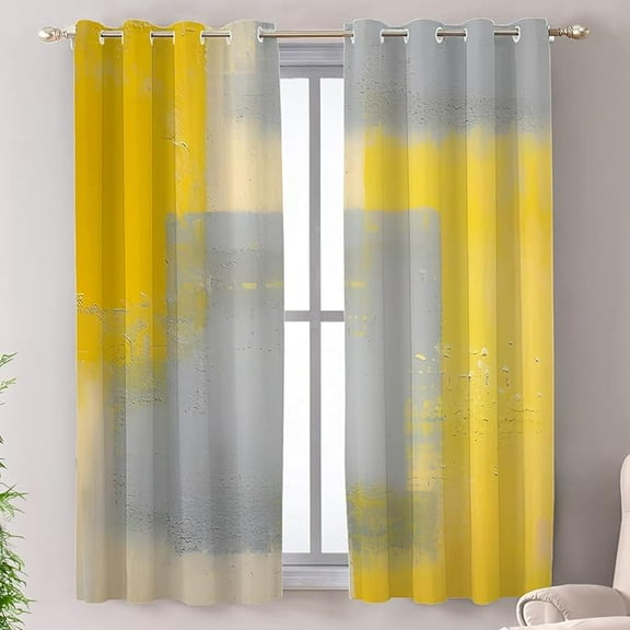 Yellow Blackout Window Curtains, Gray Valance Yellow Accent Thermal Insulated Curtains Grommet Top Window Drapes For Living Room, Bedroom 26"W x 63"L (Pack of 2)