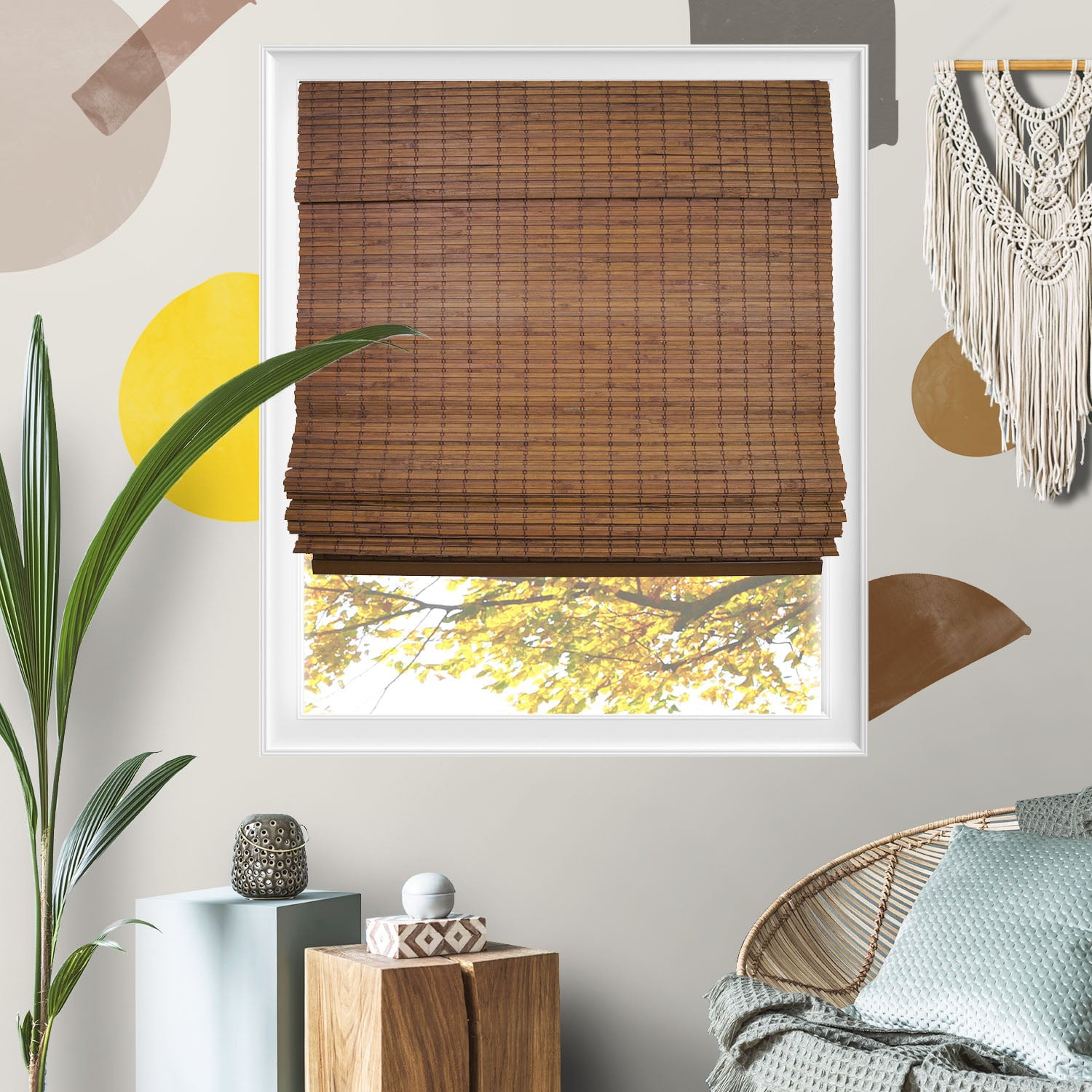 Yellow Blinds 27"W x 64"H Natural Woven Cordless Light Filtering Bamboo Roman Shades for Window, Cider