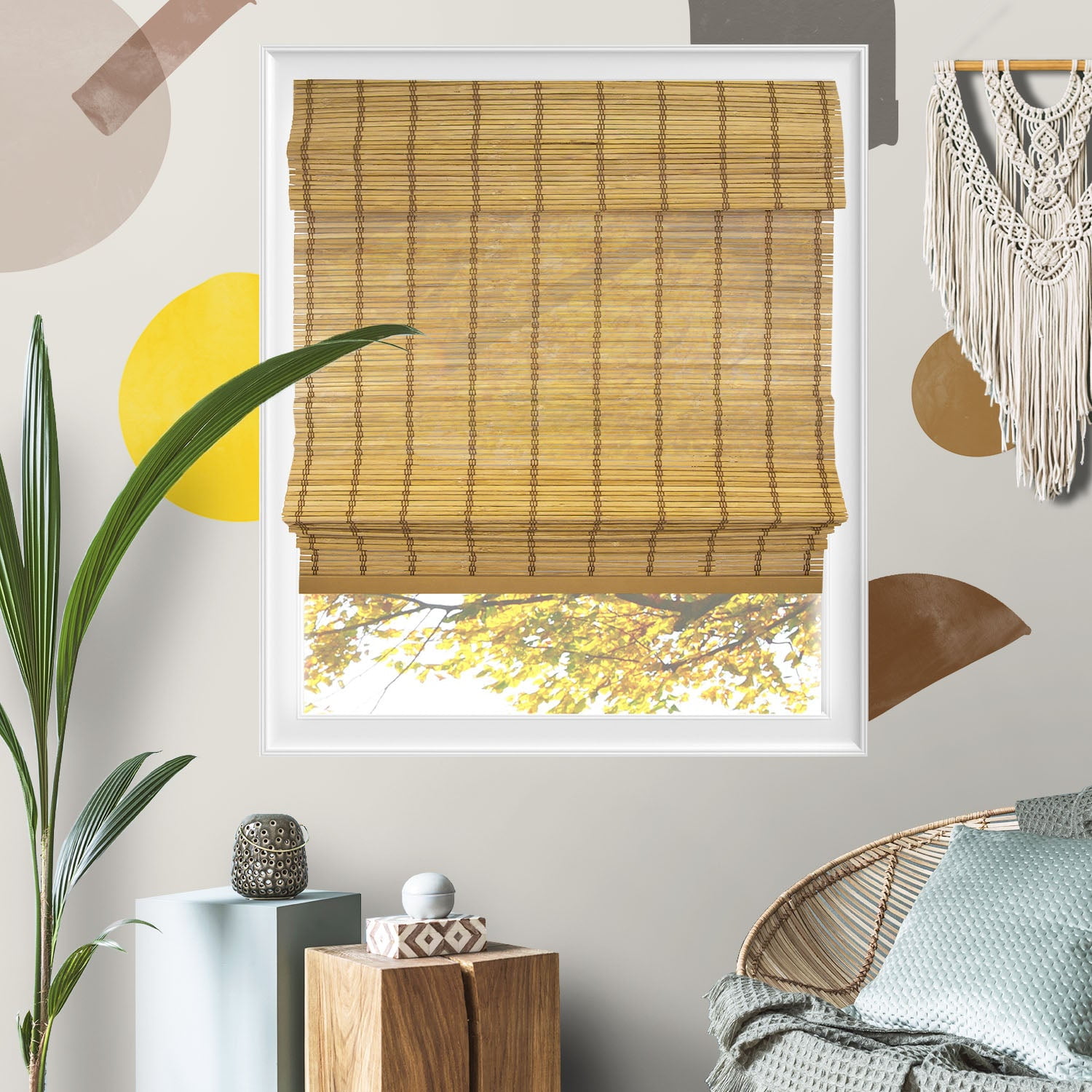 Yellow Blinds 27"W x 64"H Natural Woven Cordless Light Filtering Bamboo Roman Shades for Window, Cinnamon