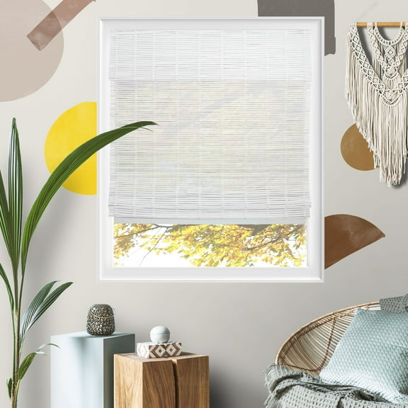 Yellow Blinds 27"W x 64"H Natural Woven Cordless Light Filtering Bamboo Roman Shades for Window, Vanilla